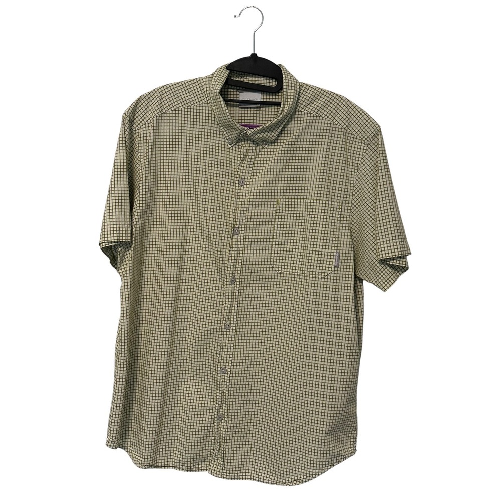 Columbia Button Down Shirt‎ Mens L Tan Green Plaid Short Sleeve Excellent Cotton